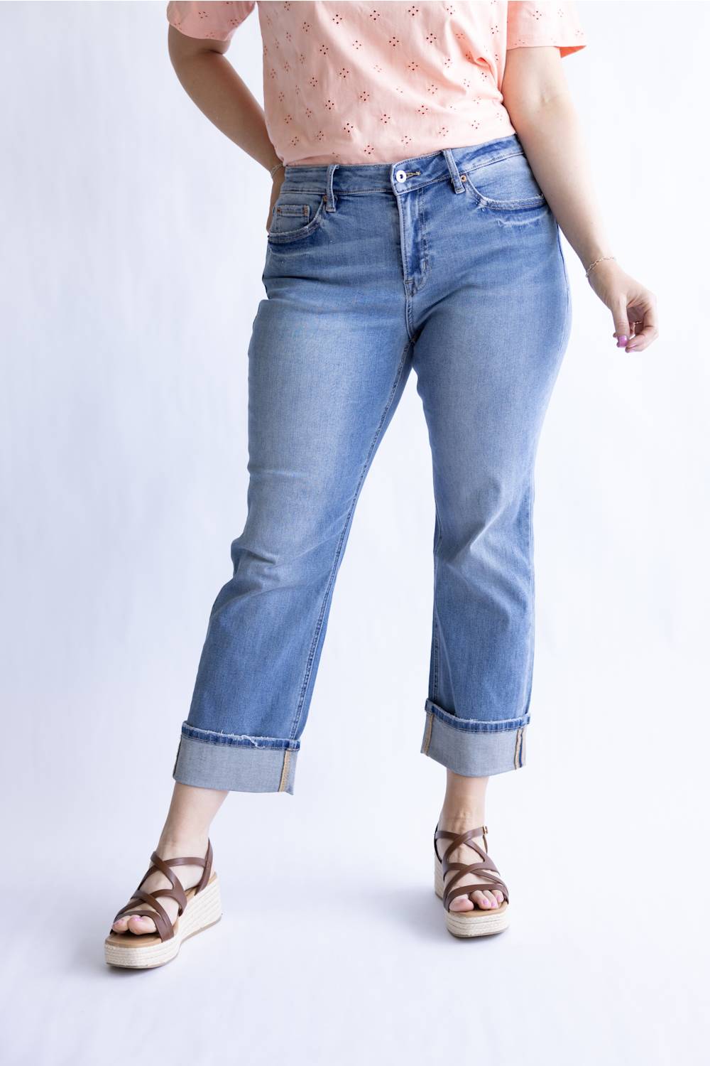 Mica Mid Rise Crop Straight Leg Cuffed Jeans for Women