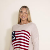 Miracle Clothing Knit American Flag Sweater for Women in Beige