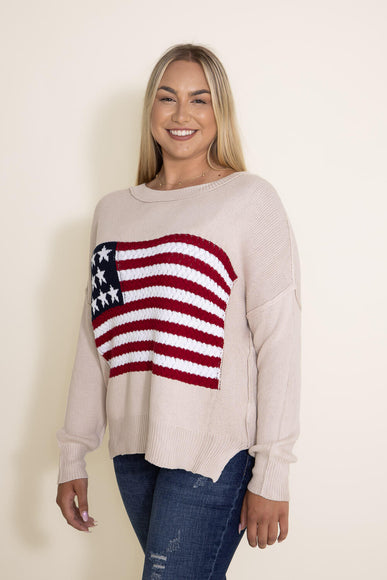 Miracle Clothing Knit American Flag Sweater for Women in Beige