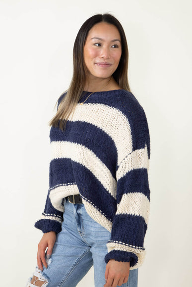 Miracle Clothing Striped Oversized Braid Cable Knit Sweater for Women in Navy 