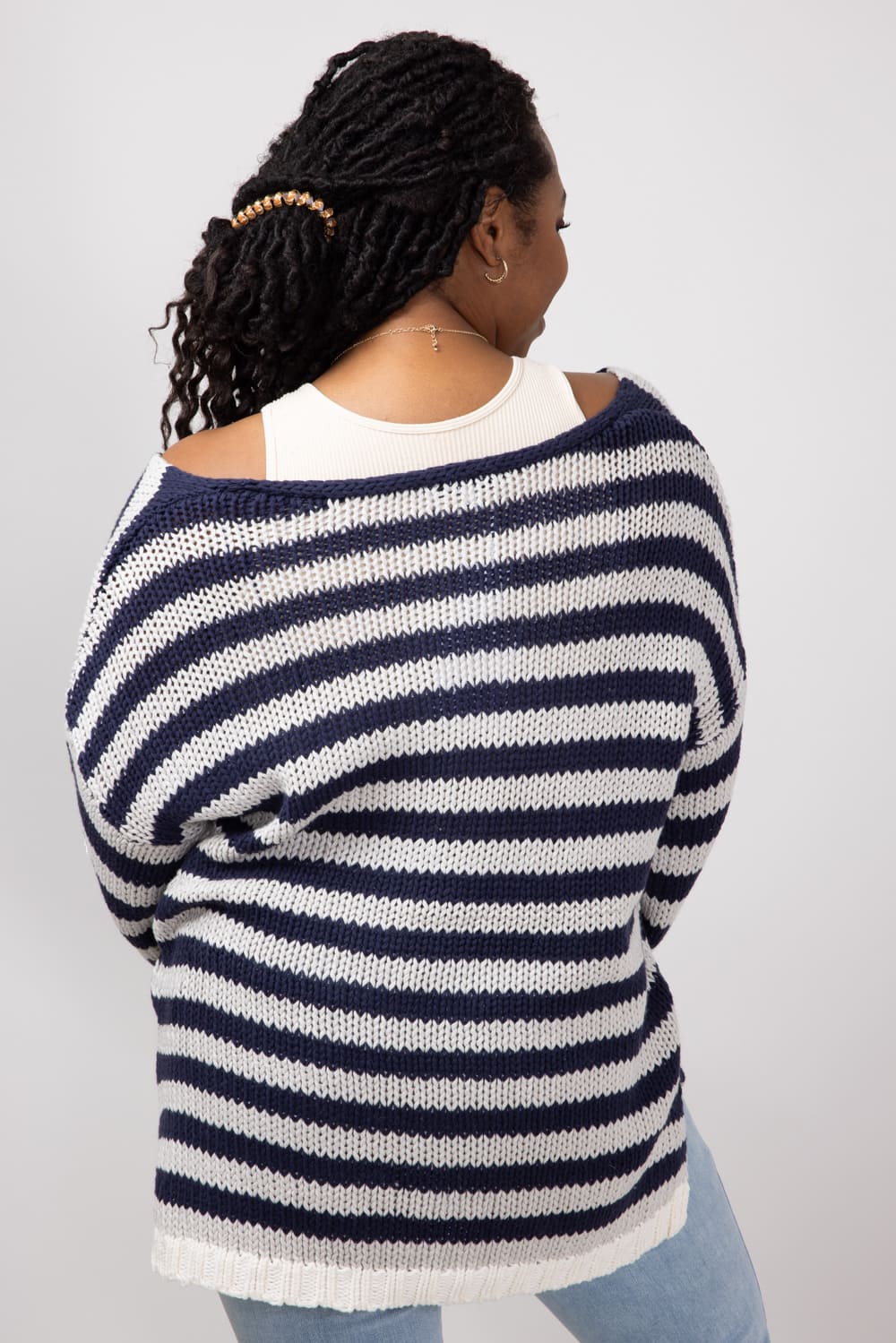 Miracle Striped V Neck Sweater for Women in Denim Combo | F183