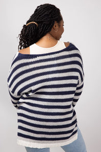 Miracle Striped V Neck Sweater for Women in Denim Combo