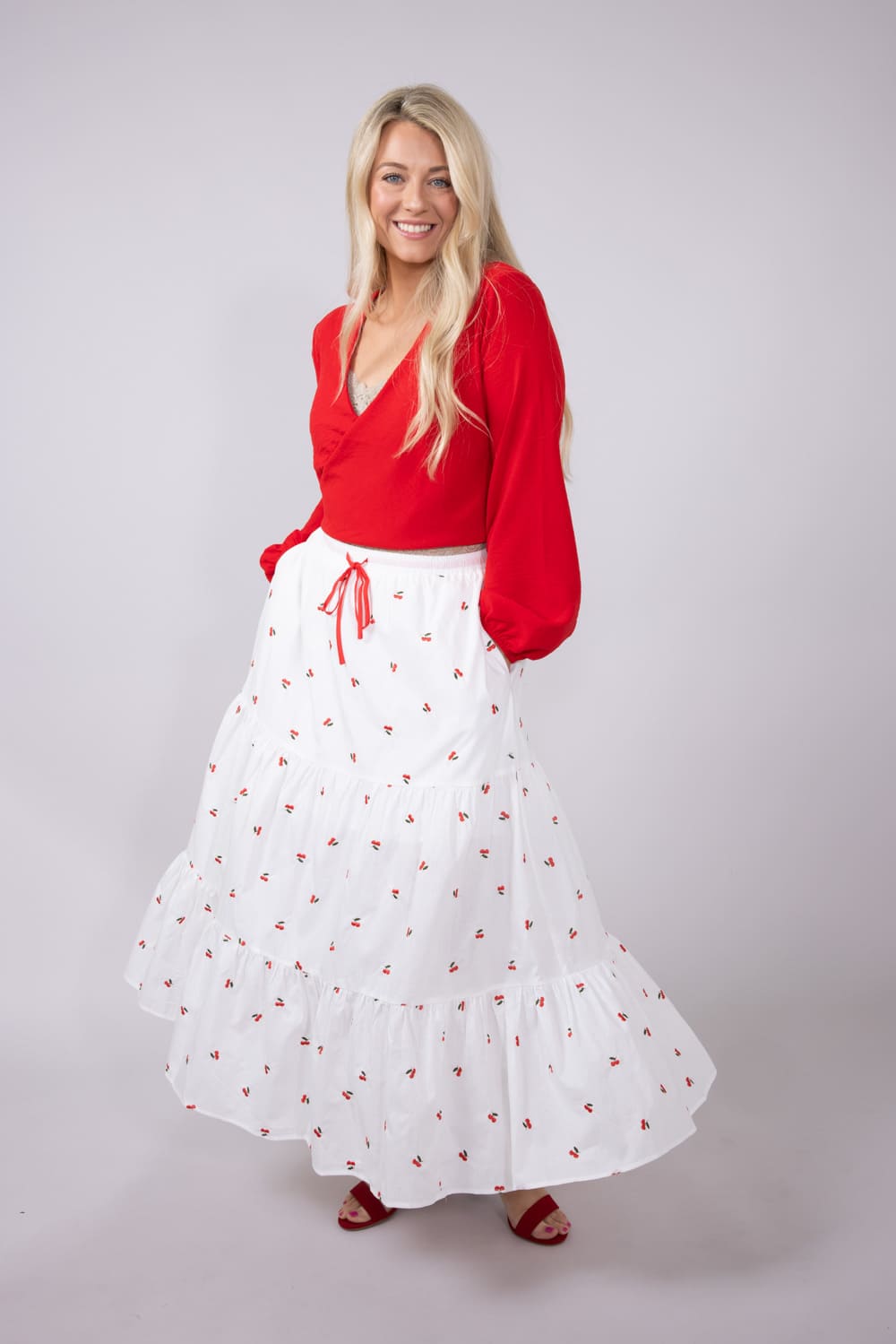 Cherry Embroidered Tiered Midi Skirt for Women in White