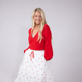 Mustard Seed Cherry Embroidered Tiered Midi Skirt for Women in White