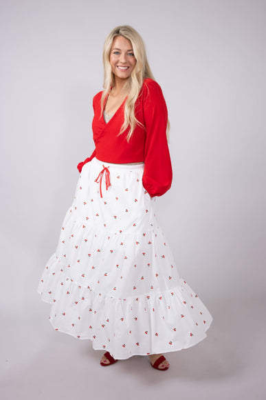 Mustard Seed Cherry Embroidered Tiered Midi Skirt for Women in White
