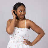 Cherry Embroidered Ruching Tie Front Cami Top for Women in White