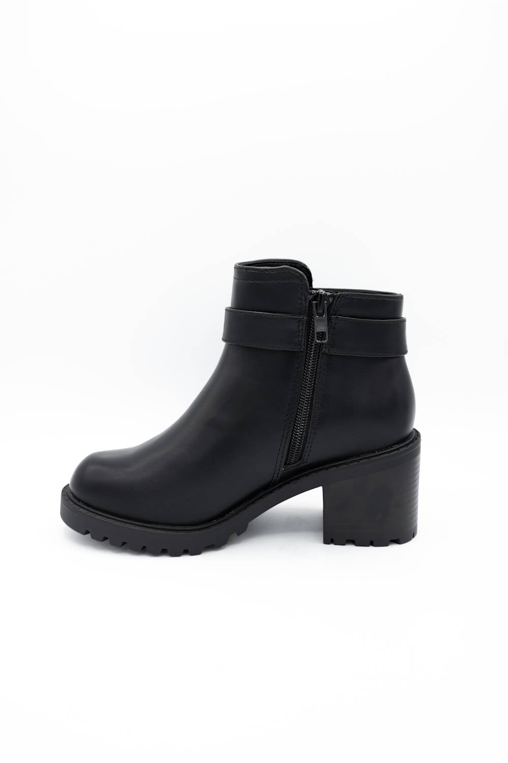 A black leather ankle boot with a chunky block heel, a side zipper, and a decorative strap across the ankle, shown from a side profile on a white background.