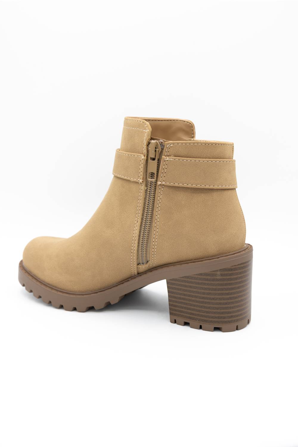 A tan suede ankle boot with a side zipper, a matching strap detail, and a chunky brown block heel, shown from a side profile on a white background.