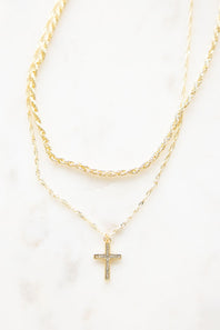 Double Layer Cross Necklace Set in Gold