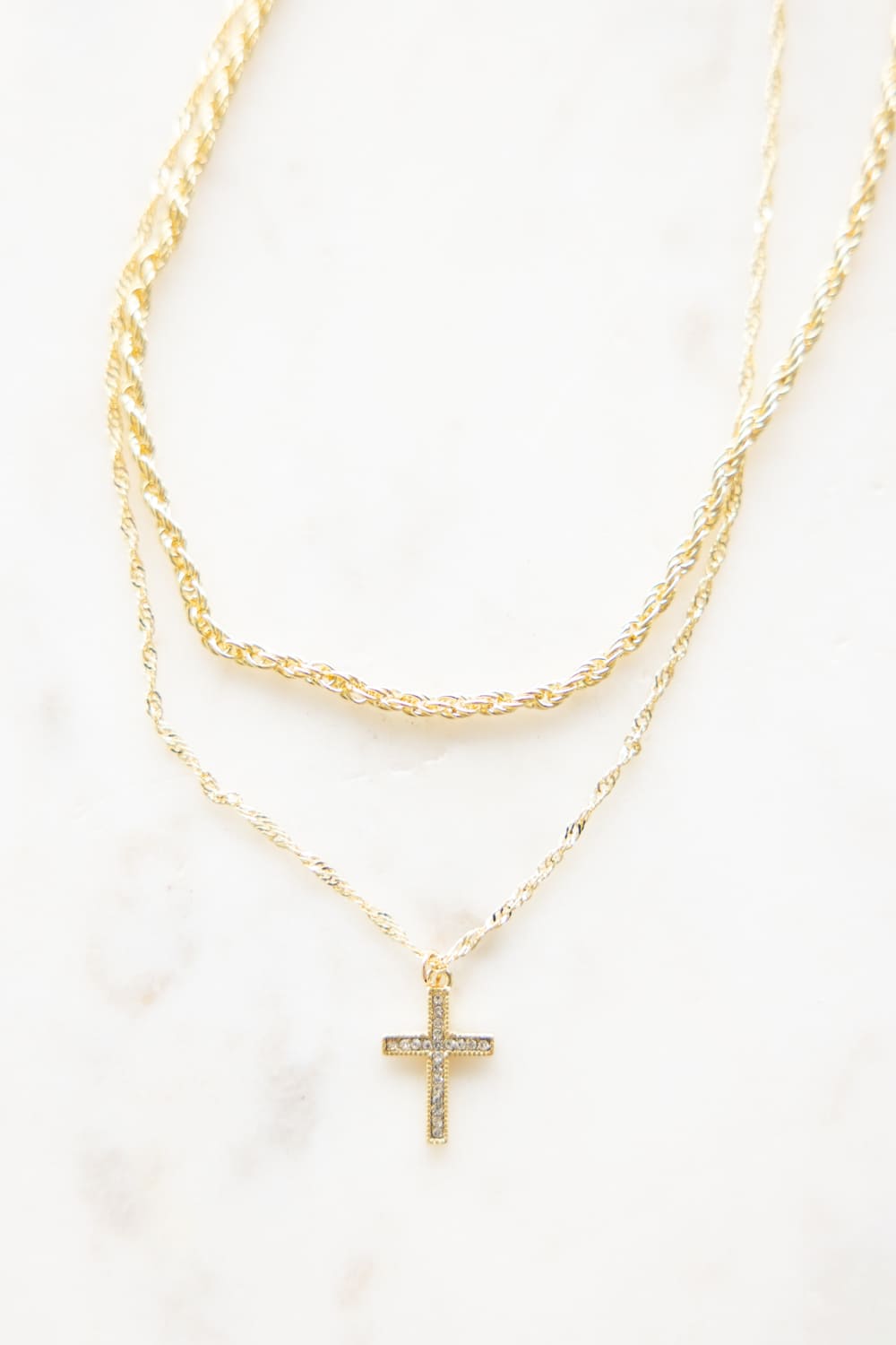 Double Layer Cross Necklace Set in Gold