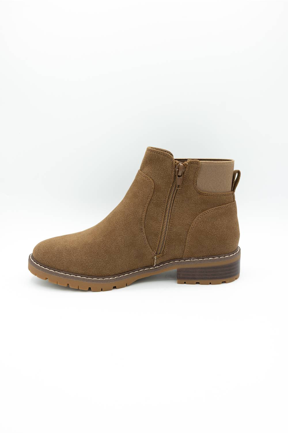 A single brown suede ankle boot with a side zipper, low block heel, and lug sole, shown from a side profile on a white background.