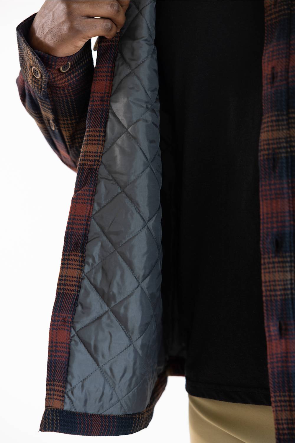 Close-up of a person wearing a plaid flannel jacket with a gray quilted lining, shown over a black shirt and tan pants against a white background.