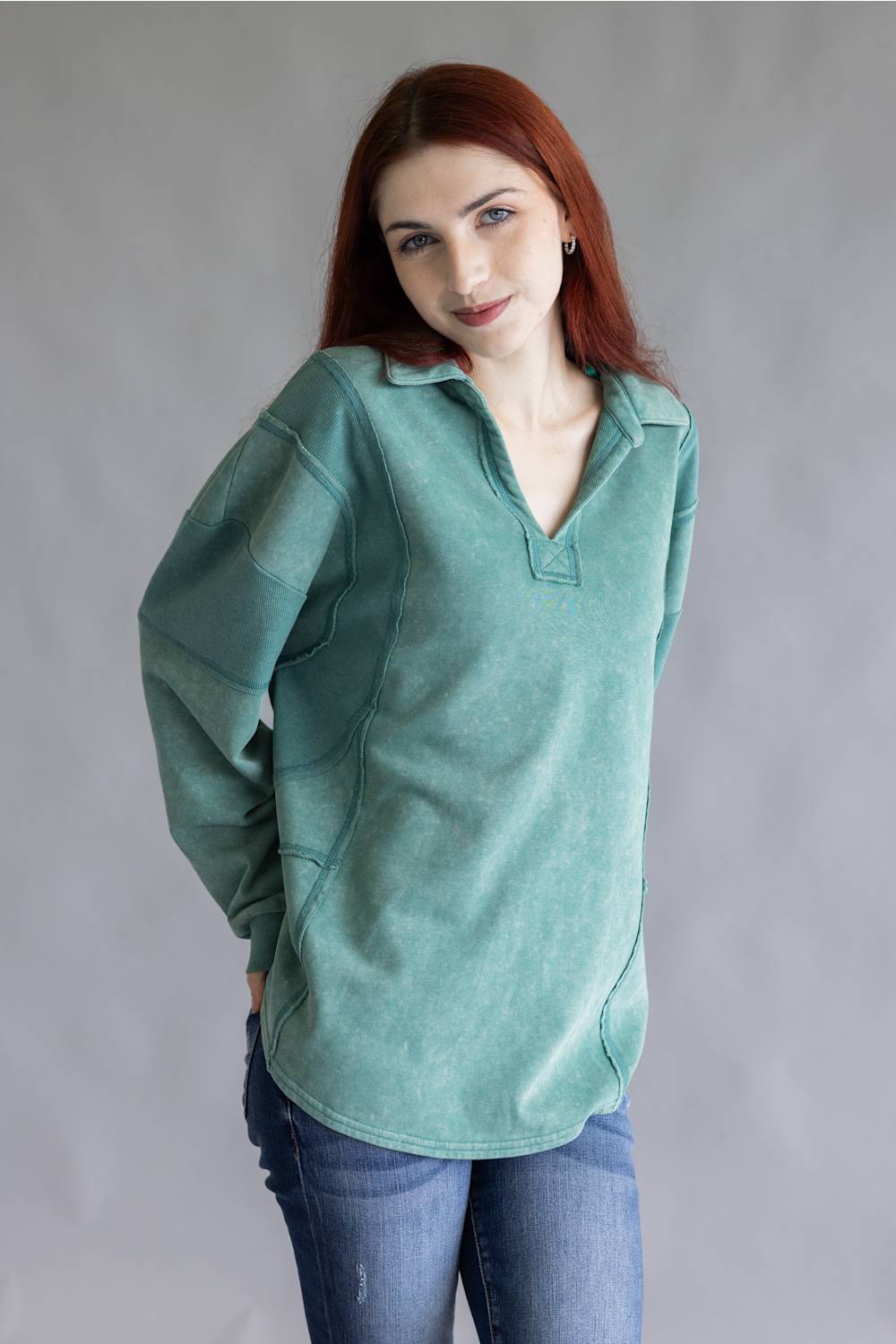 Mineral Wash Oversized French Terry Top for Women in Sage