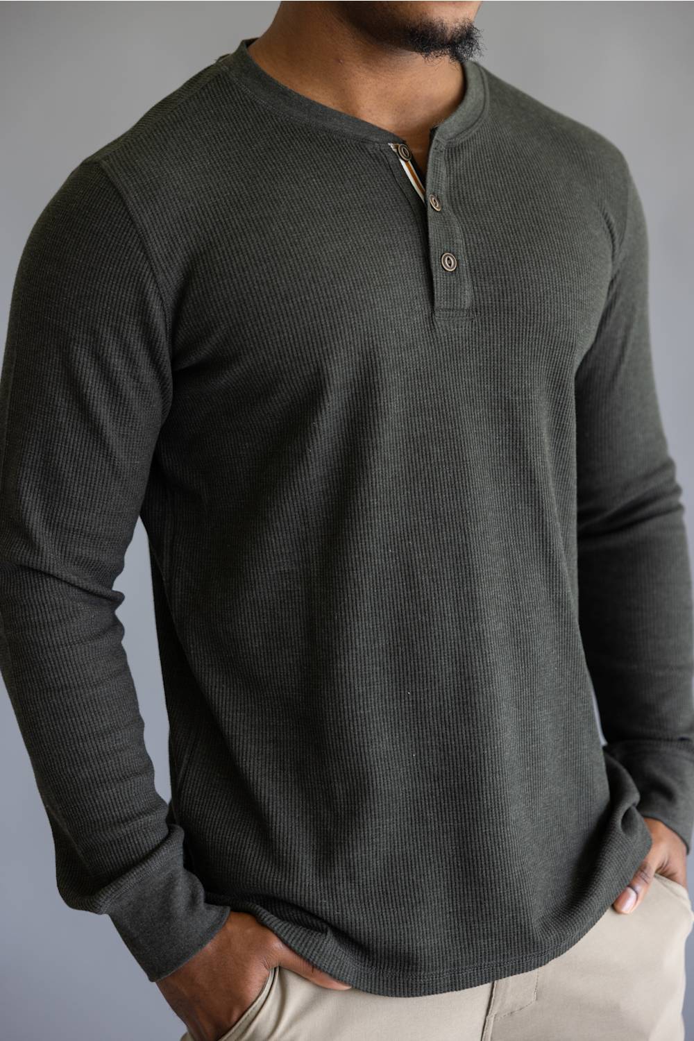North River Waffle Henley Shirt for Men in Olive Heather