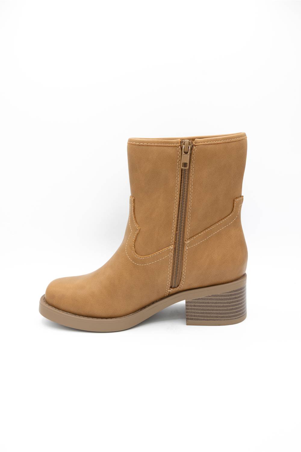 A tan suede ankle boot with a side zipper and a low block heel, shown from a side profile on a white background.