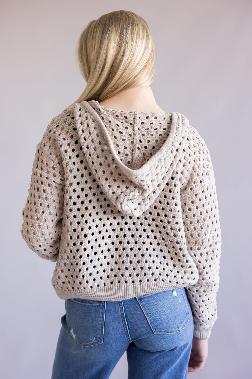 Elan Open Knit Full Zip Hooded Cardigan for Women in Taupe