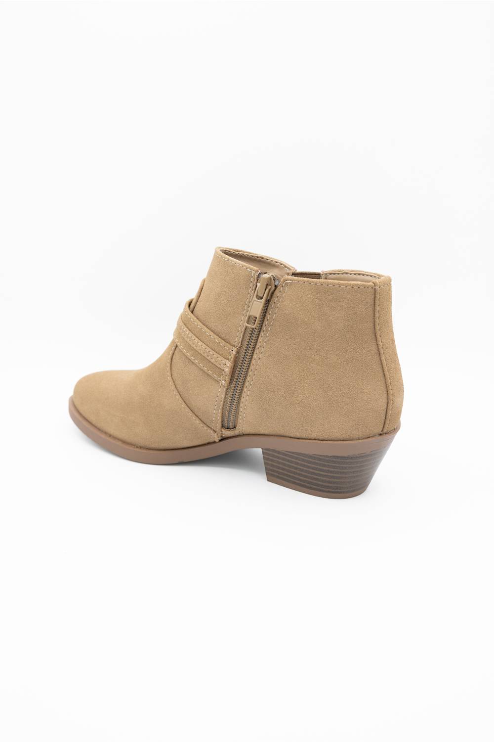 A tan suede ankle boot with a side zipper and low block heel, shown from a rear three-quarter angle on a white background.