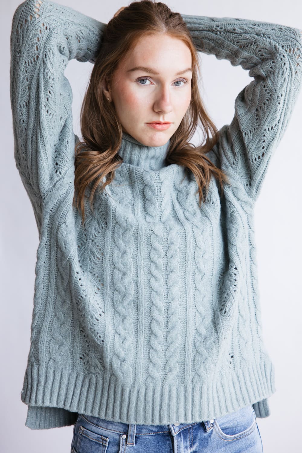 Mock Neck Cable Pointelle Sweater for Women in Jade Grey