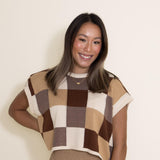 Olivaceous Checkered Colorblock Sweater Vest for Women in Brown