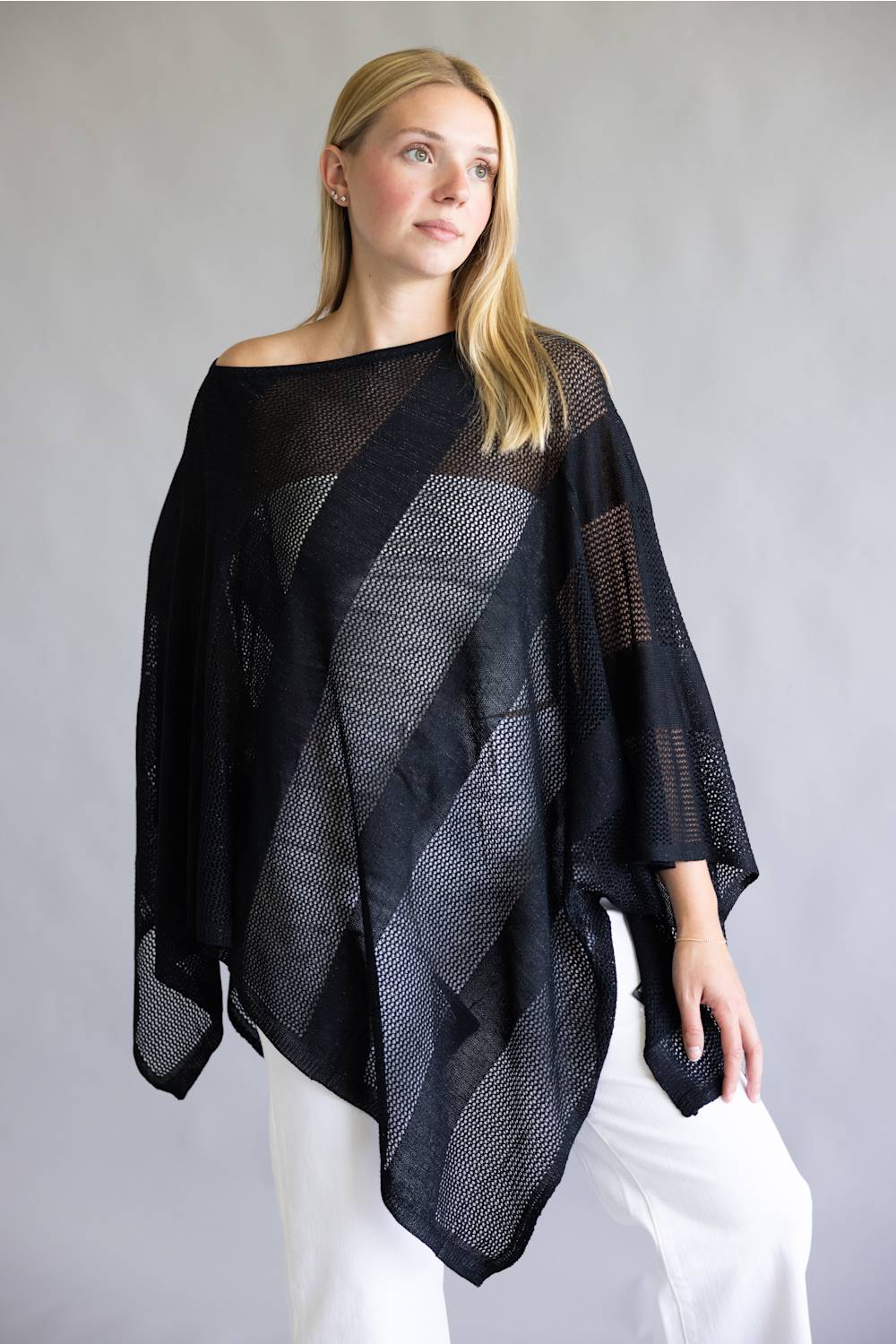 Open Knit Poncho for Women in Black