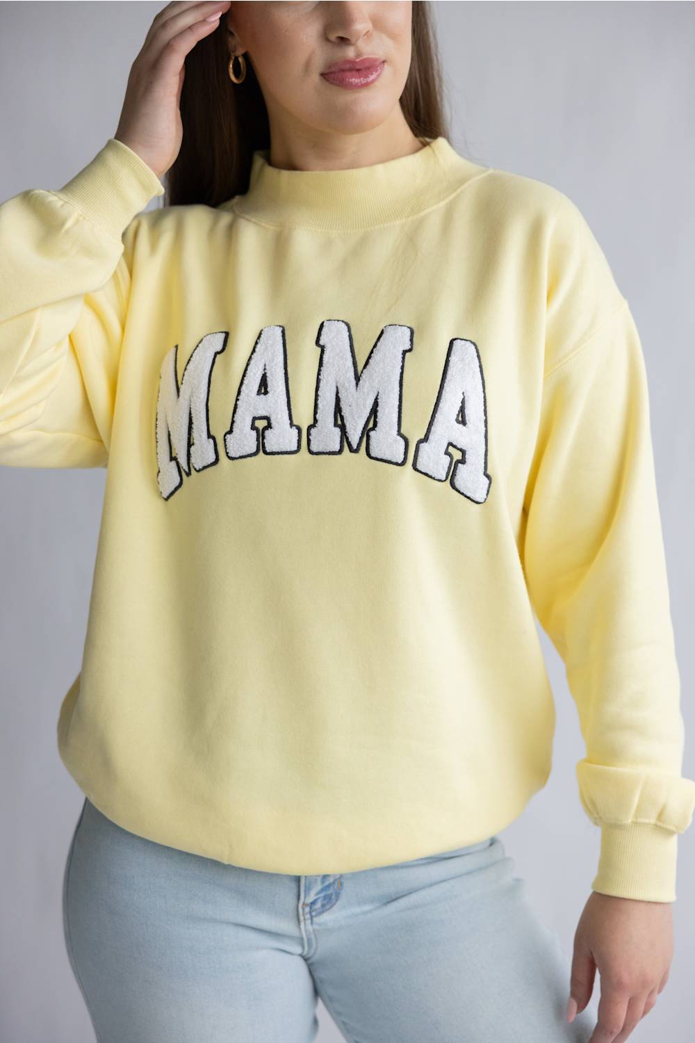 Oversized Mama Mock Neck Fleece Sweatshirt for Women in Light Yellow