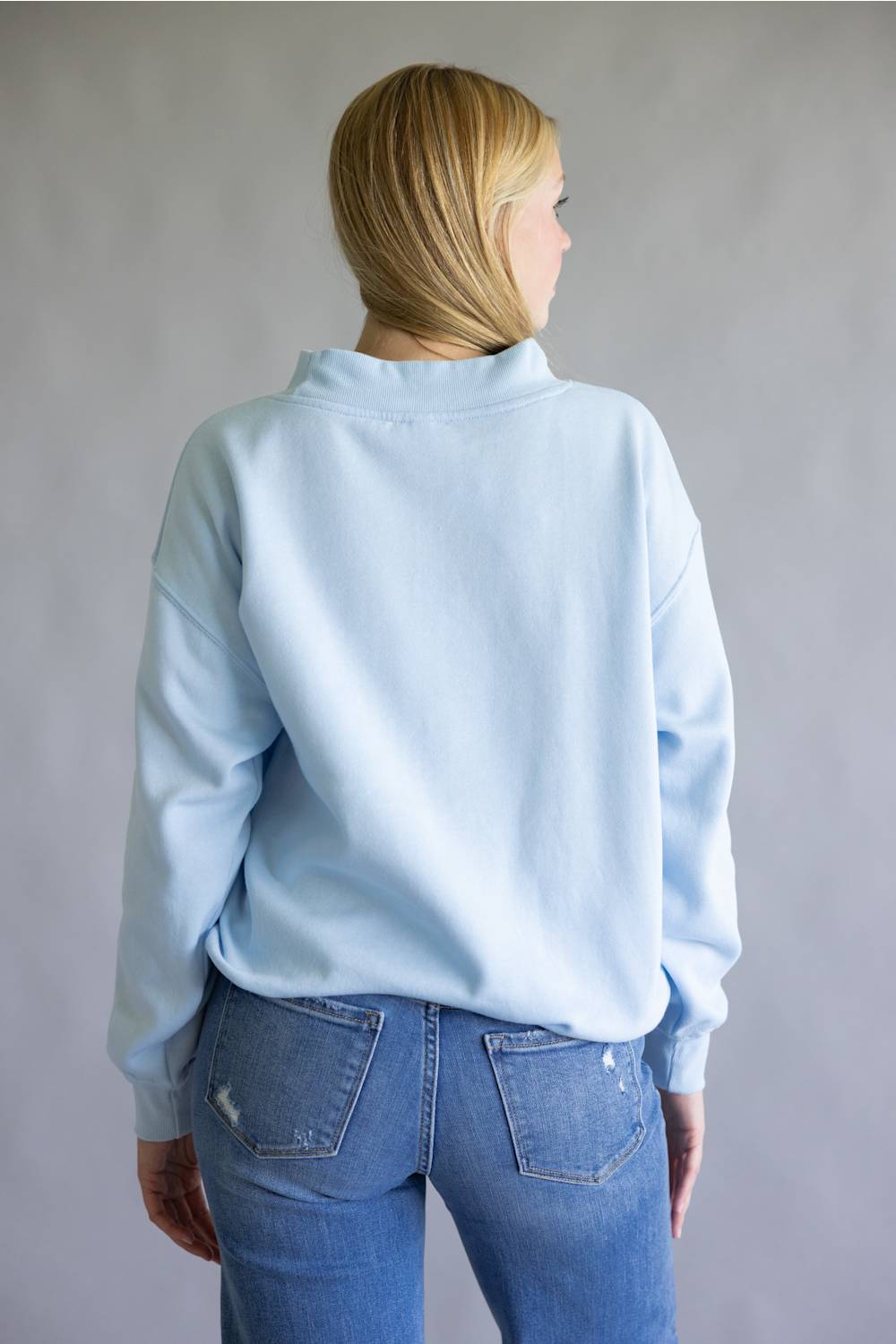 Oversized Mock Neck Fleece Pullover for Women in Baby Blue