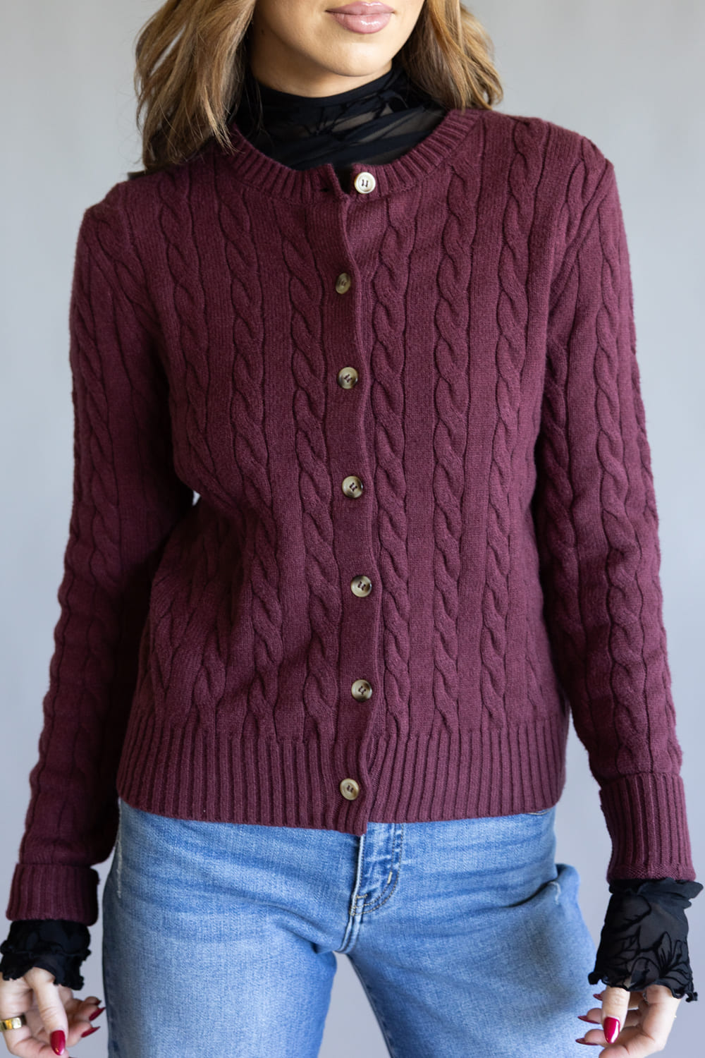 Button Front Cable Cardigan for Women in Port Wine