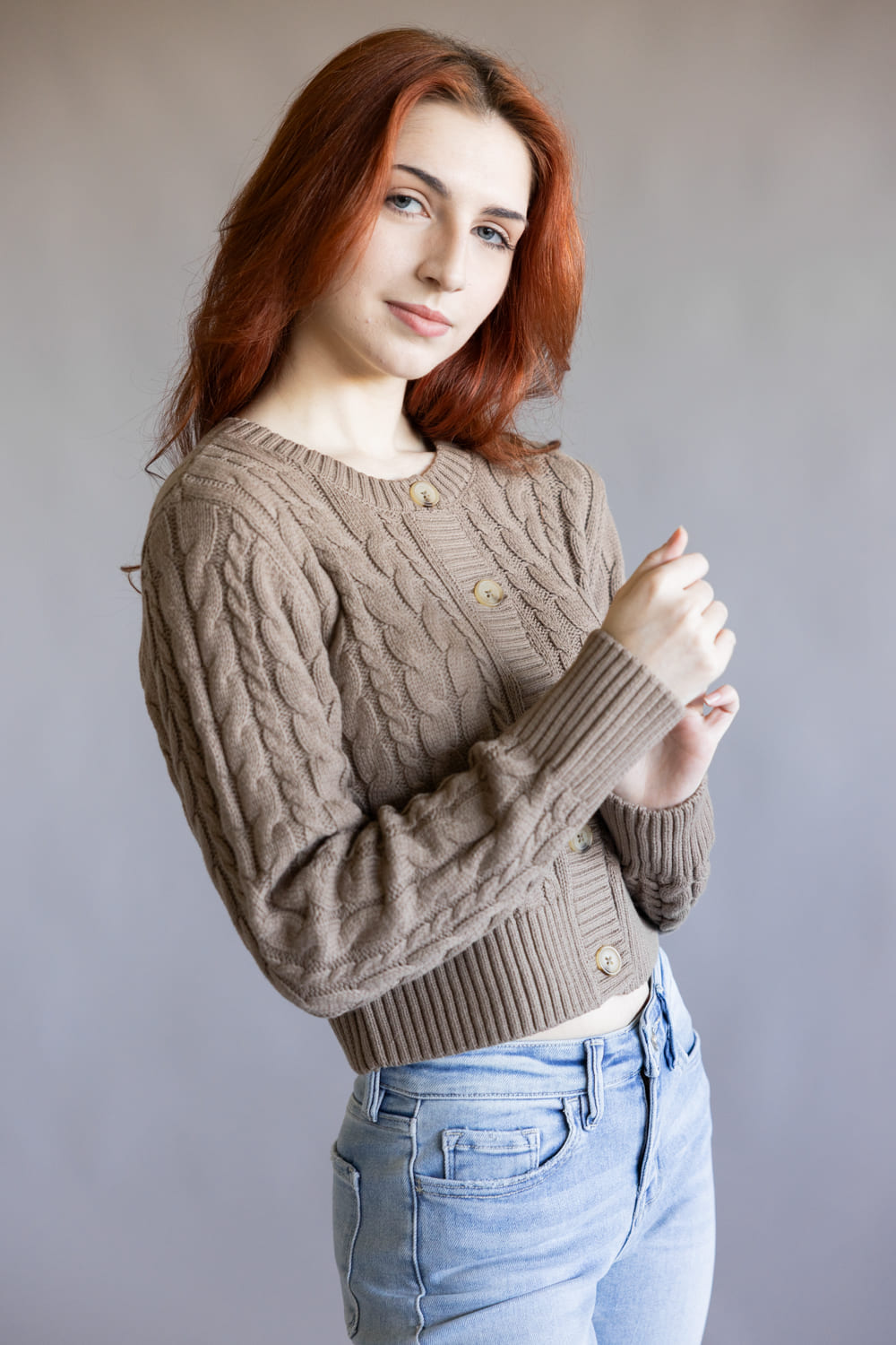 Button Front Cable Cardigan for Women in Portabella