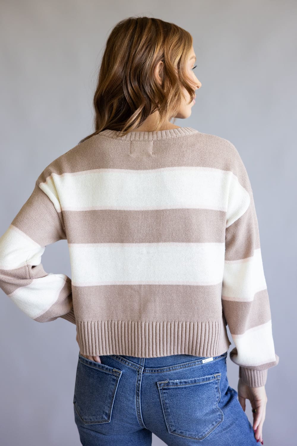 Button Front Stripe Cable Cardigan for Women in Mocha White