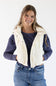 Front view of the off-white Love Tree hooded faux leather puffer vest with snap buttons, zipper closure, and side pockets.