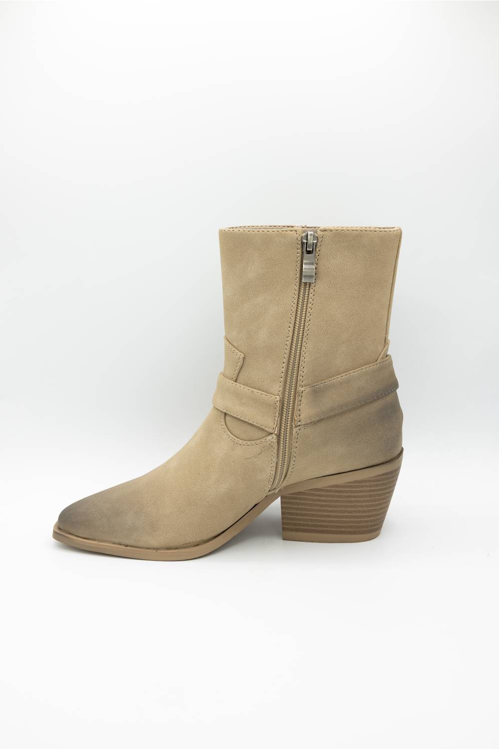 A beige suede ankle boot with a side zipper, block heel, and pointed toe, shown from a side profile on a white background.