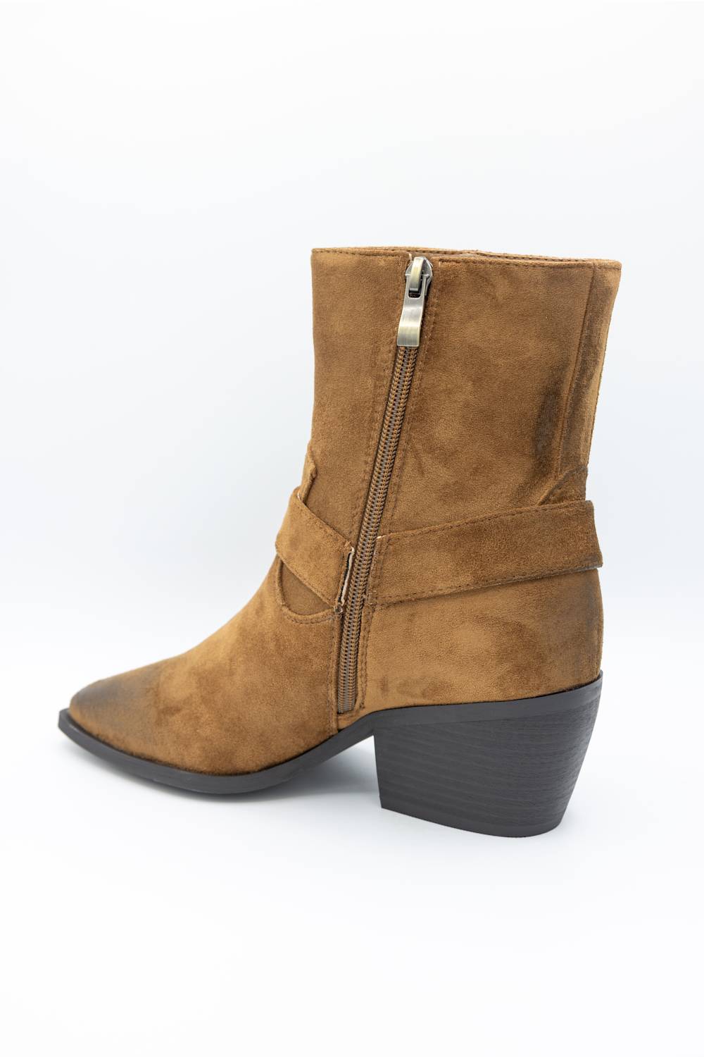 A brown suede ankle boot with a side zipper, a stacked block heel, and a dark sole, shown from a side profile view on a white background.