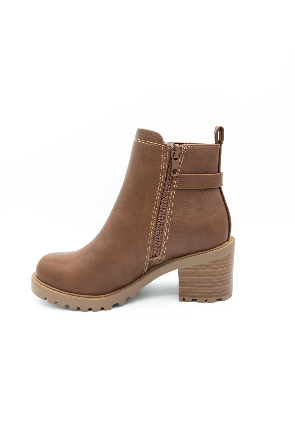 A brown leather ankle boot with a block heel, a side buckle strap detail, and a lug sole, shown on a plain white background.