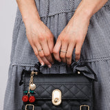Pebbled Tie Handbag Cherry Charm Purse for Women in Black