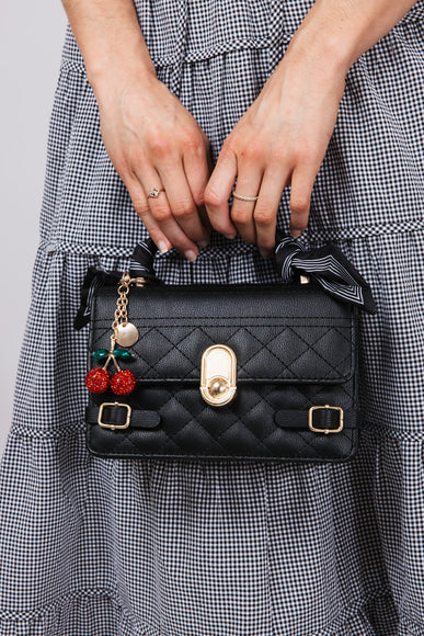 Pebbled Tie Handbag Cherry Charm Purse for Women in Black