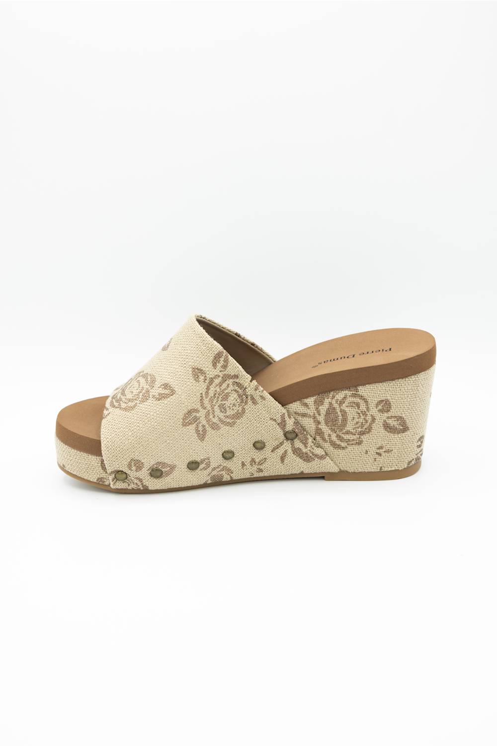 Pierre Dumas Vivian Floral Wedge Sandals for Women in Bronze; Beige wedge sandal with floral pattern on a white background