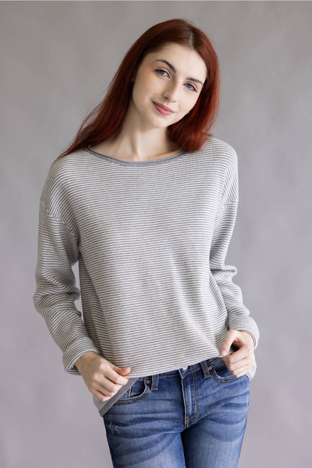 Pinstriped Long Sleeve Sweater for Women in Heather Grey