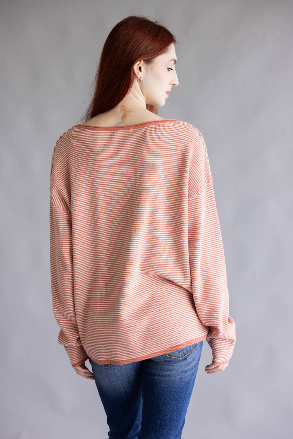 Pinstriped Long Sleeve Sweater for Women in Terracotta