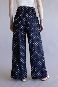 Polka Dot Smocked Wide Leg Pants for Women in Navy