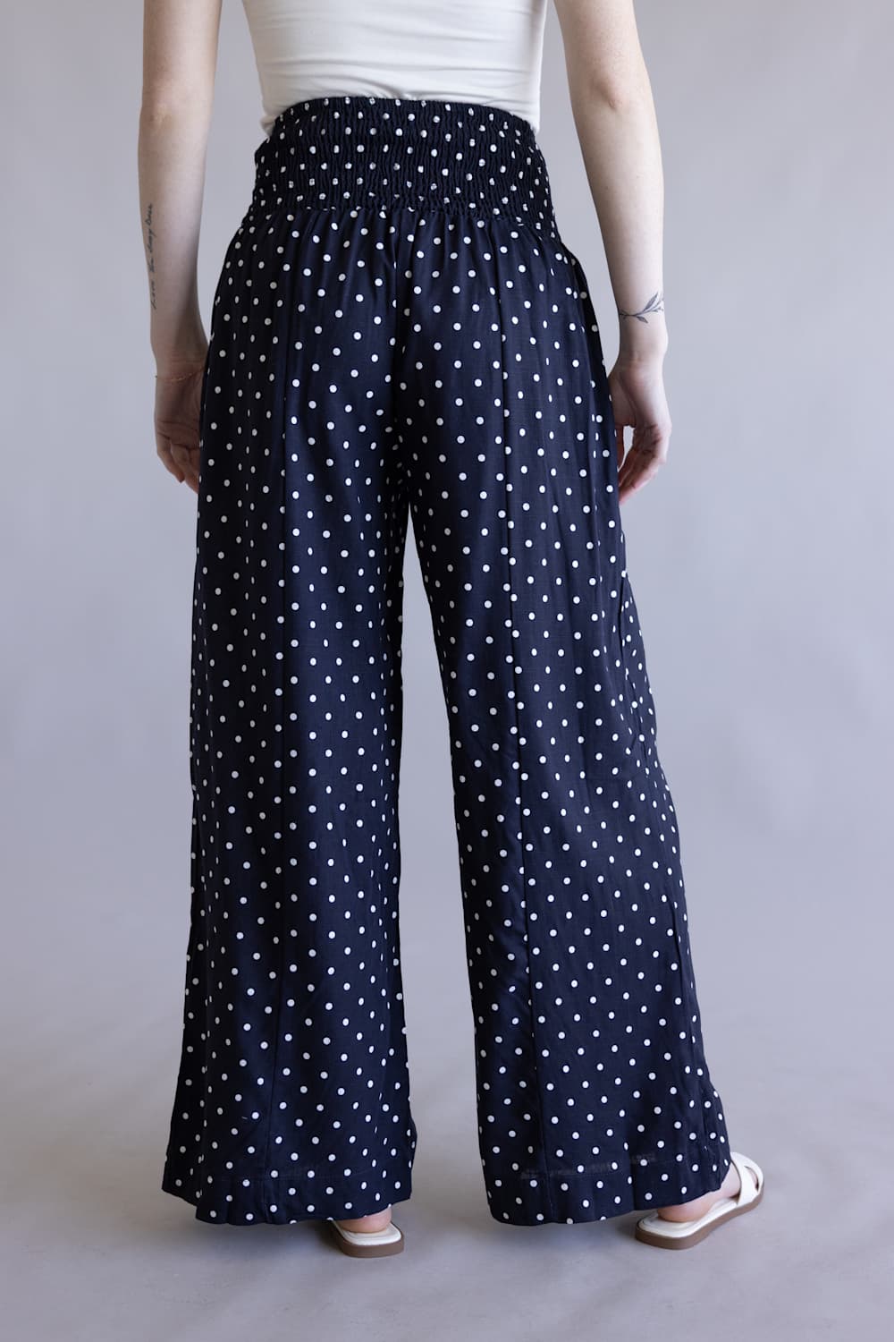 Polka Dot Smocked Wide Leg Pants for Women in Navy