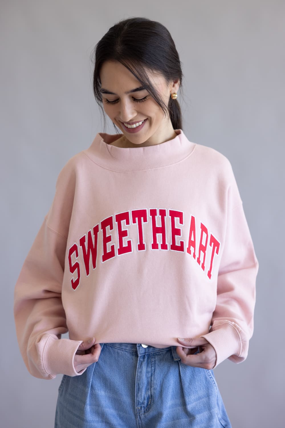 1897 Active Sweetheart Patch Embroidered Mock Neck Sweatshirt for Women in Pink/Red