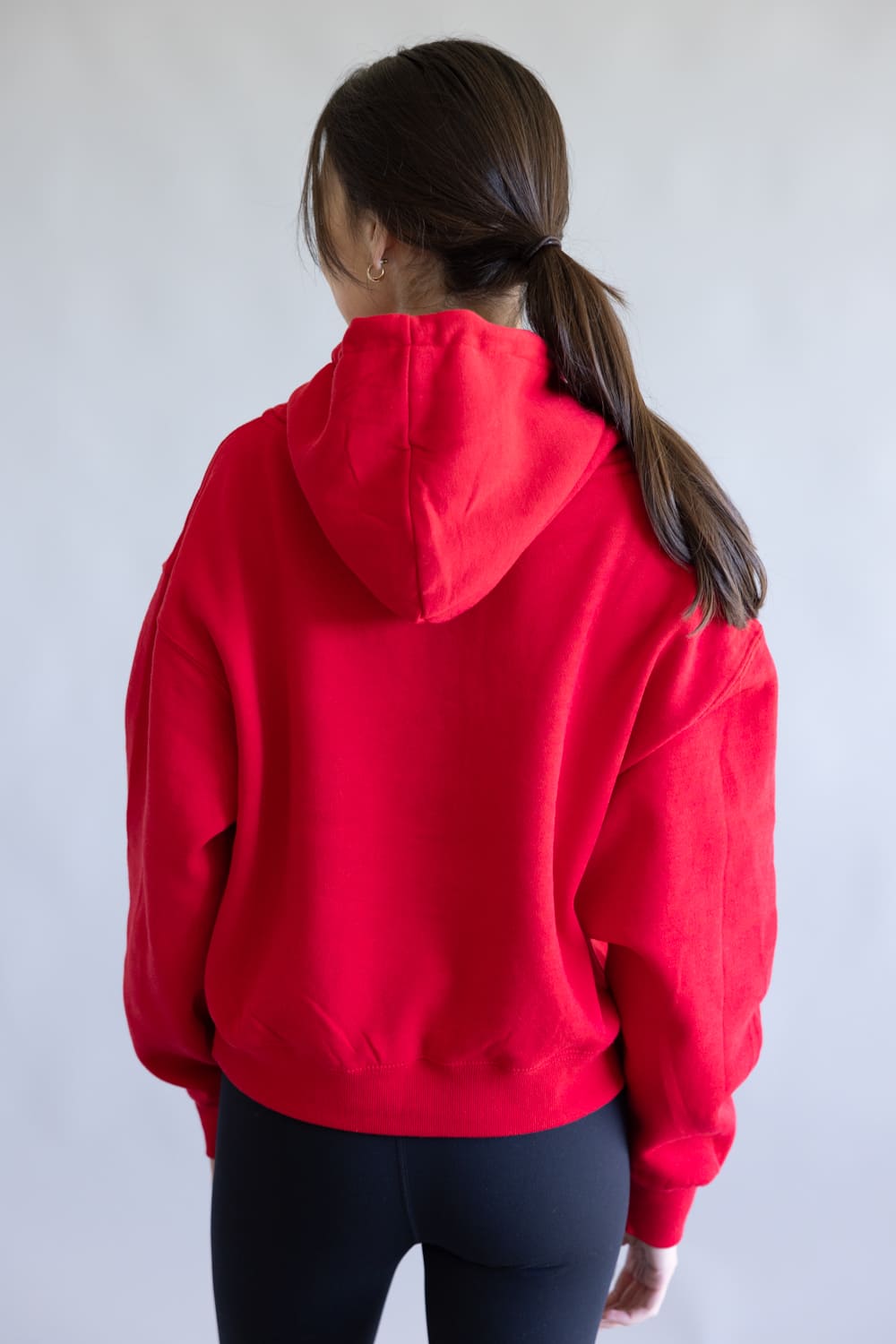 Half Zip Drawstring Fleece Hoodie for Women in Red