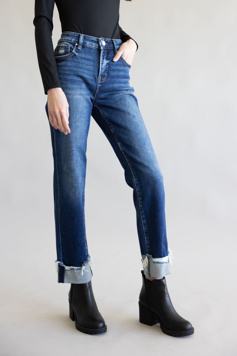 Risen High Rise Tummy Control Cuffed Straight Leg Jeans for Women