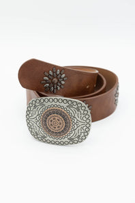 Roman Floral Buckle Belt for Women in Cognac/Silver