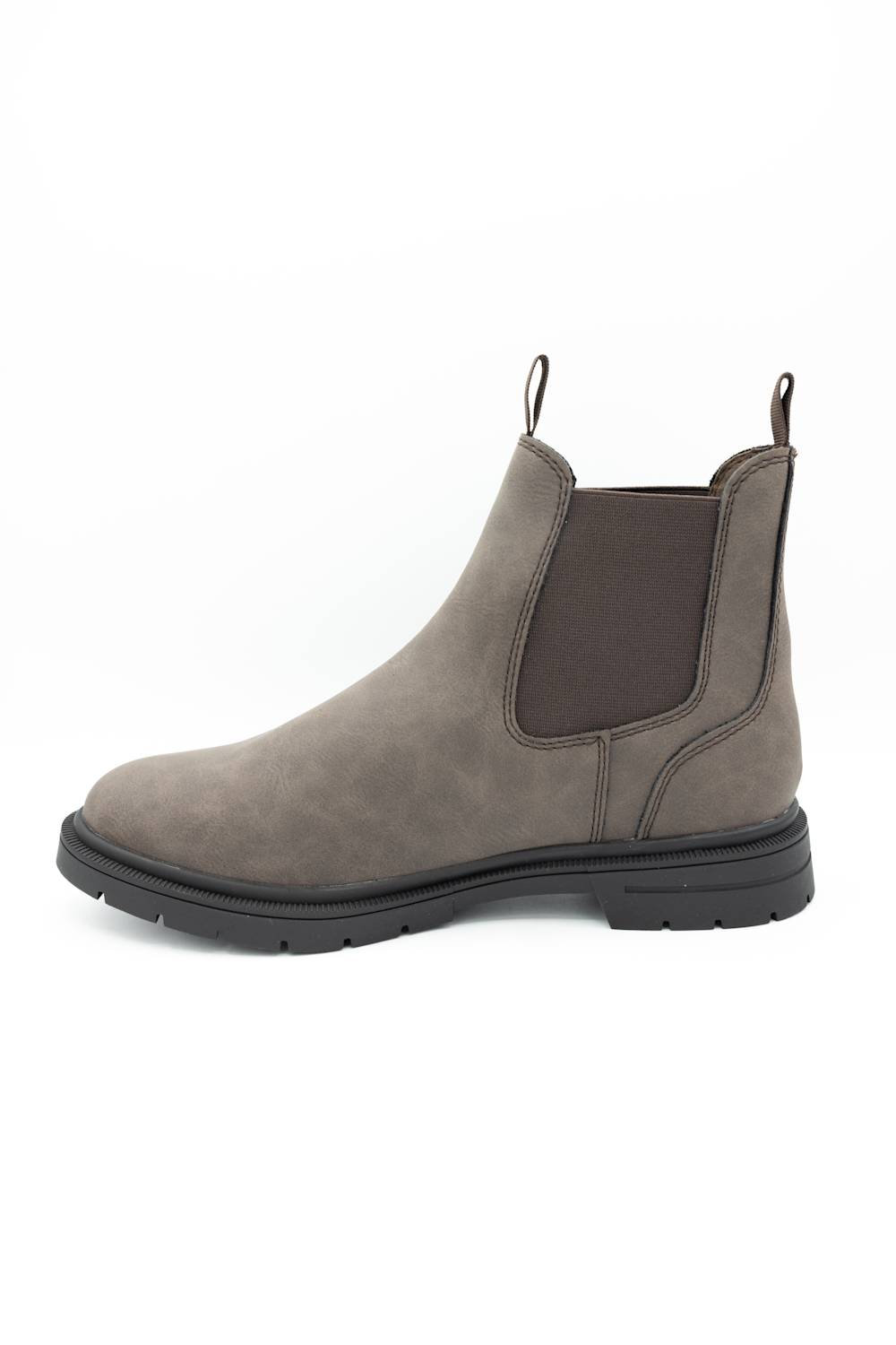 A single gray suede Chelsea boot with a dark brown elastic side panel and a black sole, shown in profile against a plain white background.