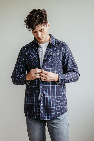 Western Woven Plaid Shirt for Men in Dark Navy