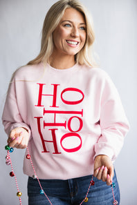 1897 Active HO HO HO Fleece Embroidered Sweatshirt for Women in Baby Pink