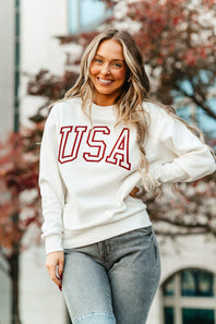 1897 Active USA Embroidered Fleece Sweatshirt for Women in Ivory