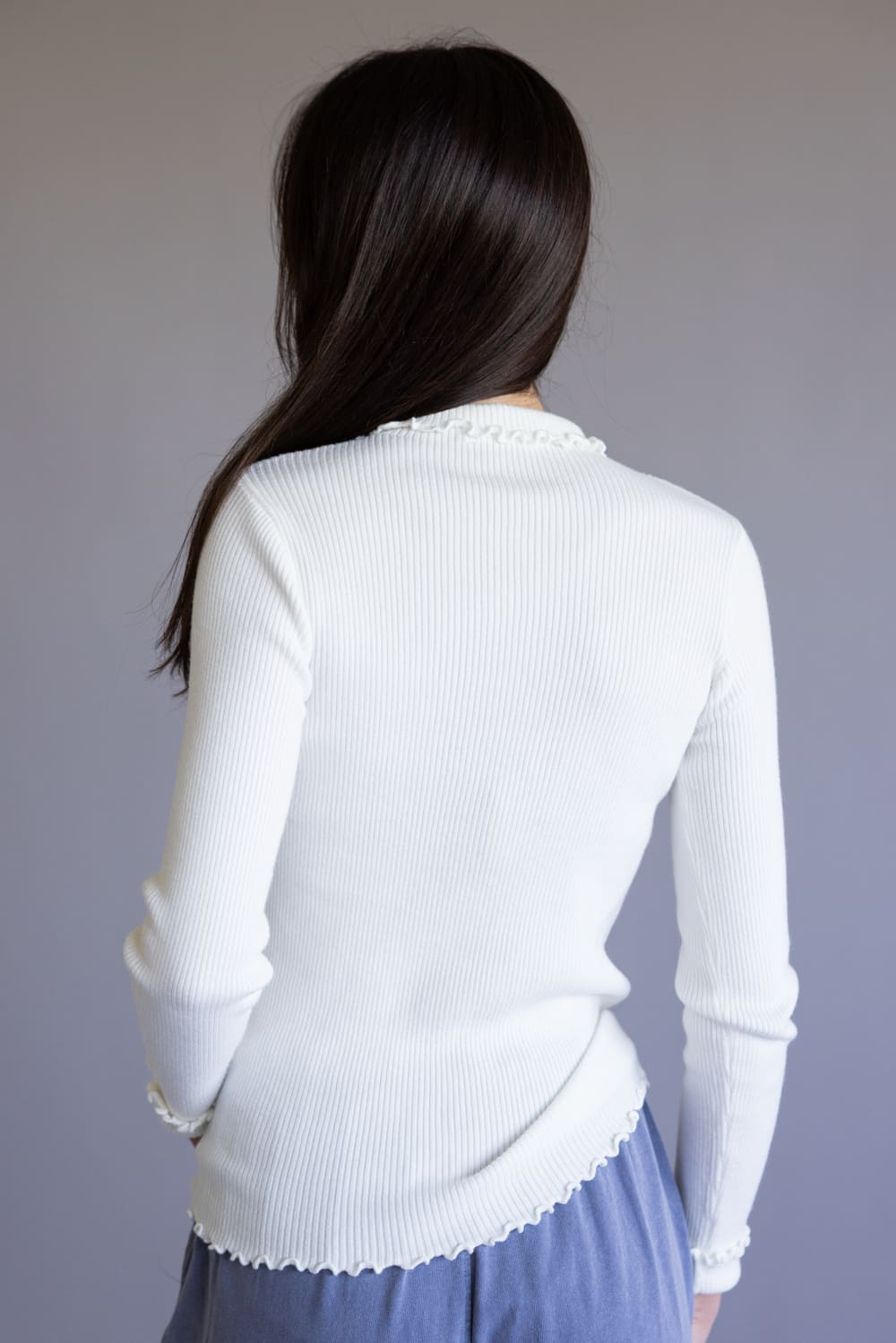 Ribbed Mock Neck Lettuce Hem Top for Women in White