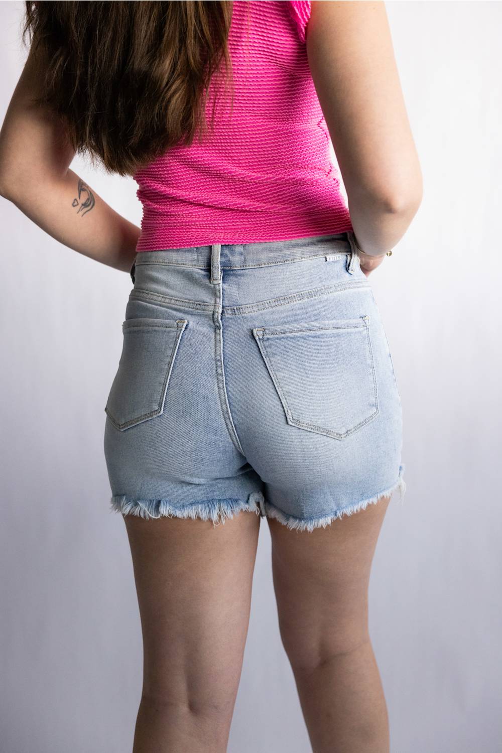 Risen High Rise Fray Hem Denim Shorts for Women